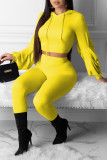 Yellow Casual Solid Patchwork Fold Hooded Collar Long Sleeve Two Pieces