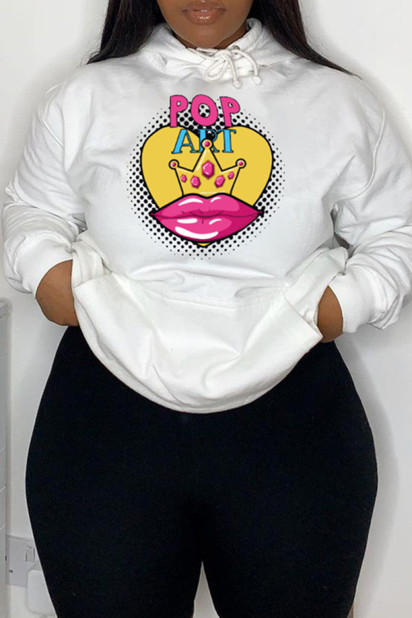 White Fashion Casual Print Basic Hooded Collar Tops