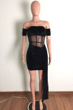 Black Fashion Sexy Patchwork See-through Backless Off the Shoulder Short Sleeve Dress