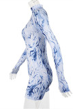 Blue Fashion Sexy Print Basic Turtleneck Long Sleeve Skinny Romper