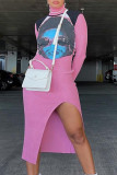 Pink Fashion Casual Print Slit Turtleneck Long Sleeve Two Pieces
