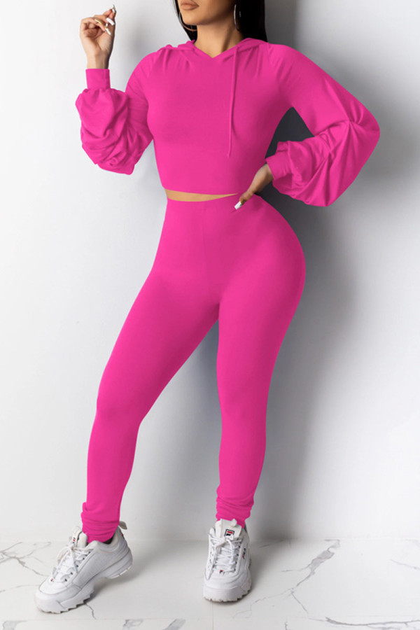 Rose Red Casual Solid Patchwork Fold Hooded Collar Long Sleeve Two Pieces