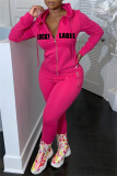 Pink Fashion Casual Letter Print Split Joint Hooded Collar Long Sleeve Two Pieces