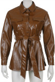 Brown Fashion Casual Solid Patchwork With Belt Turndown Collar Outerwear