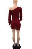 Pink Sexy Solid Patchwork Fold Oblique Collar Pencil Skirt Dresses