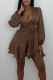 Coffee Casual Sweet Solid Patchwork Knotted Asymmetrical V Neck A Line Dresses