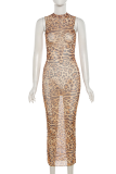 Coffee Sexy Print Patchwork Half A Turtleneck Pencil Skirt Dresses