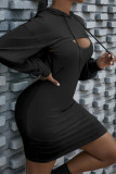 Black Fashion Casual Solid Hollowed Out Hooded Collar Long Sleeve Two Pieces
