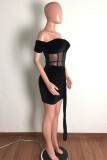 Black Fashion Sexy Patchwork See-through Backless Off the Shoulder Short Sleeve Dress