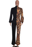 White Casual Print Leopard grain Patchwork Long Sleeve O Neck Jumpsuits