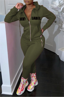Army Green Fashion Casual Letter Print Split Joint Hooded Collar Long Sleeve Two Pieces
