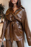 Brown Fashion Casual Solid Patchwork With Belt Turndown Collar Outerwear