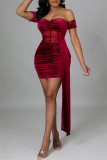 Black Fashion Sexy Patchwork See-through Backless Off the Shoulder Short Sleeve Dress