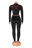 Black Fashion Casual Solid See-through Half A Turtleneck Long Sleeve Two Pieces