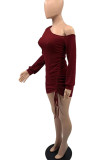 Pink Sexy Solid Patchwork Fold Oblique Collar Pencil Skirt Dresses