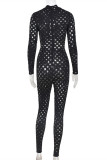 Black Fashion Sexy Solid Hollowed Out See-through Turtleneck Skinny Jumpsuits