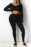 Grey Fashion Casual Solid Basic V Neck Long Sleeve Two Pieces