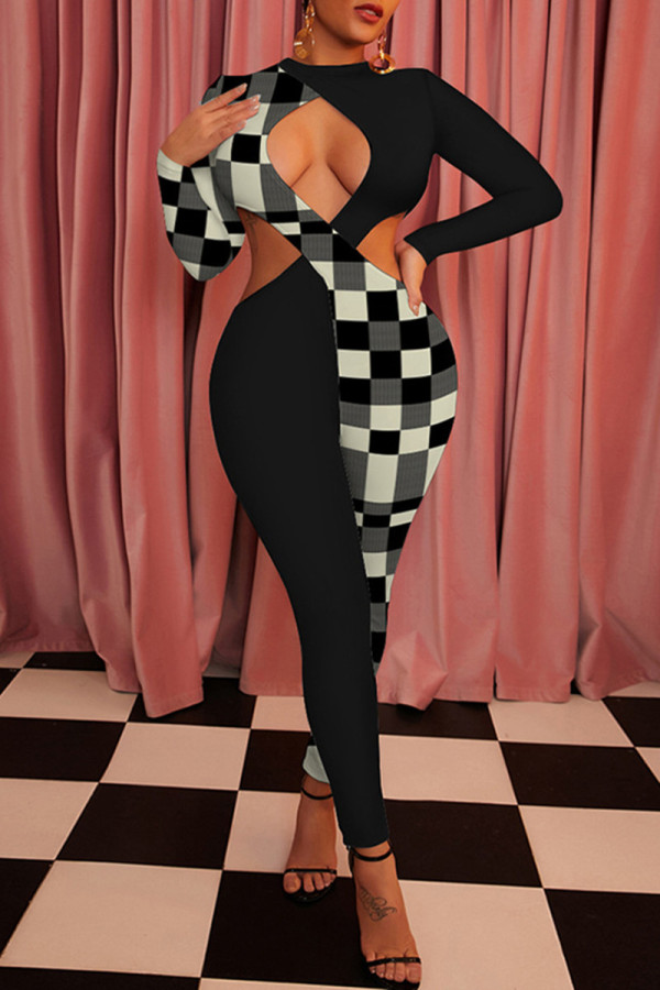 Black Fashion Sexy Plaid Patchwork Hollowed Out O Neck Skinny Jumpsuits
