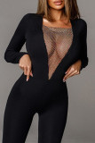 Black Sexy Casual Solid Split Joint See-through Slit Square Collar Skinny Jumpsuits