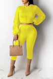 Yellow Casual Solid Patchwork Fold Hooded Collar Long Sleeve Two Pieces