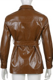 Brown Fashion Casual Solid Patchwork With Belt Turndown Collar Outerwear
