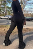 Black Fashion Casual Solid Fold Zipper Collar Regular Jumpsuits