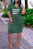 Green Casual Letter Print Pocket V Neck Straight Dresses