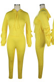 Yellow Casual Solid Patchwork Fold Hooded Collar Long Sleeve Two Pieces