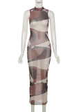 Coffee Sexy Print Patchwork Half A Turtleneck Pencil Skirt Dresses