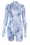 Blue Fashion Sexy Print Basic Turtleneck Long Sleeve Skinny Romper