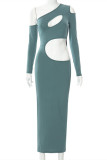 Green Fashion Sexy Solid Hollowed Out Oblique Collar Long Sleeve Dresses