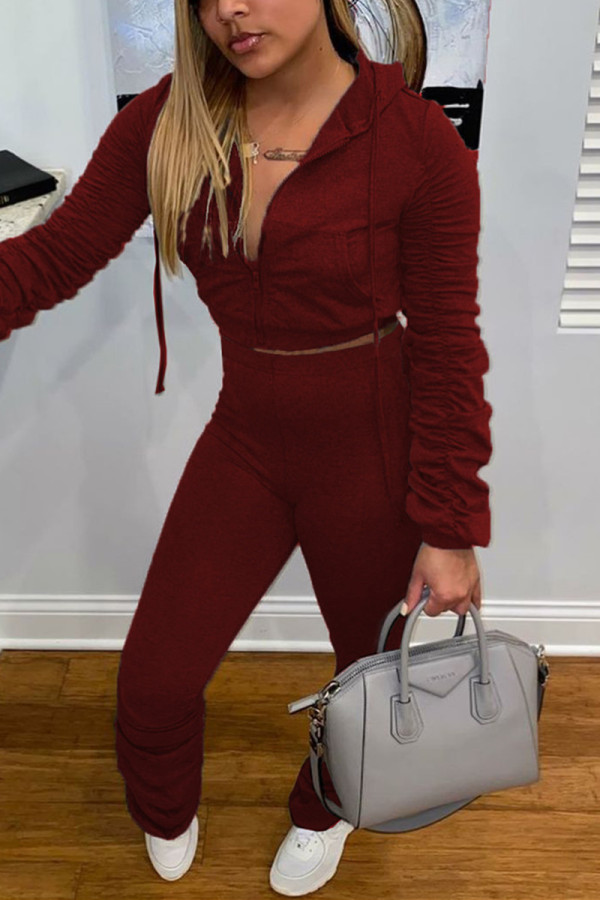 Wine Red Fashion Casual Solid Fold Hooded Collar Long Sleeve Two Pieces