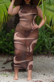 Coffee Sexy Print Patchwork Half A Turtleneck Pencil Skirt Dresses