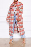 Pink Casual Plaid Print Split Joint Buckle Turndown Collar Outerwear