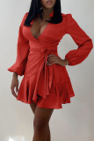 Red Casual Sweet Solid Split Joint Knotted Asymmetrical V Neck A Line Dresses