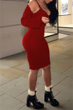 Red Fashion Sexy Solid Cardigan V Neck Long Sleeve Two Pieces