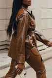 Brown Fashion Casual Solid Patchwork With Belt Turndown Collar Outerwear