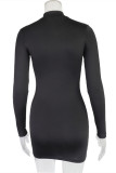 Black Sexy Casual Solid Split Joint Zipper Collar Long Sleeve Dresses