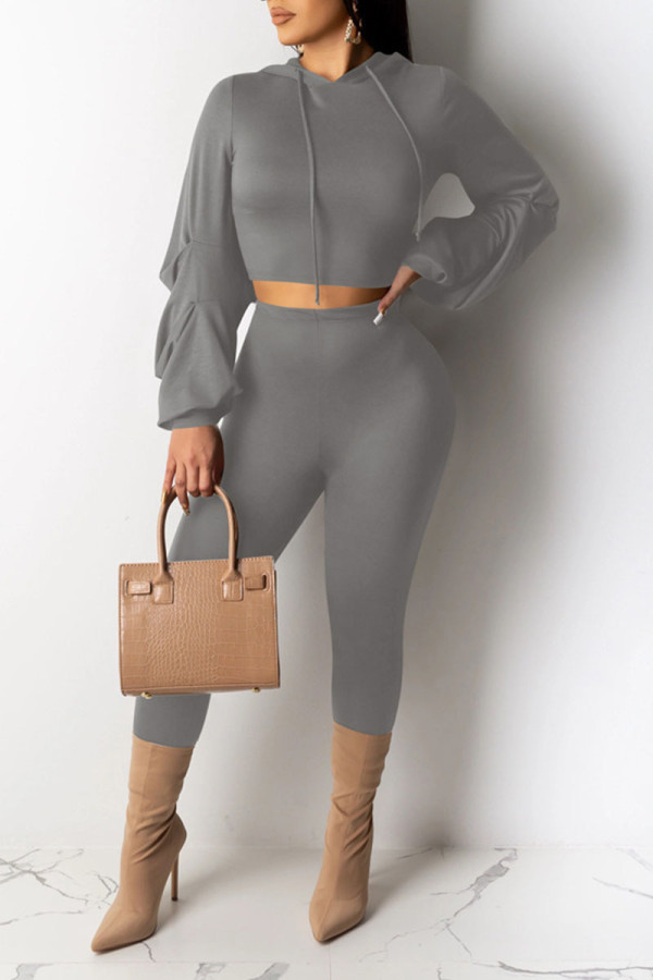 Grey Casual Solid Patchwork Fold Hooded Collar Long Sleeve Two Pieces