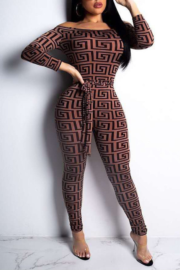 Brown Sexy Print Split Joint Off the Shoulder Skinny Jumpsuits