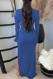 Blue Fashion Casual Solid Slit Turtleneck Long Sleeve Dresses