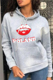 White Fashion Casual Letter Lips Printed Basic Hooded Collar Tops