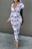 Red Casual Print Patchwork Zipper Collar Regular Jumpsuits