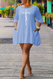 White Casual Print Patchwork Flounce O Neck A Line Dresses