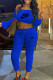 Blue Fashion Sexy Print Patchwork Off the Shoulder Long Sleeve Two Pieces