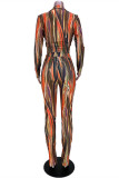 Multicolor Fashion Casual Print Asymmetrical Turndown Collar Long Sleeve Two Pieces