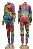 Multi-color Casual Print Patchwork Buckle Turndown Collar Long Sleeve Two Pieces