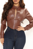 Brown Fashion Casual Solid Patchwork U Neck Outerwear
