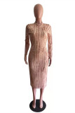 Multicolor Fashion Casual Print Slit Half A Turtleneck Long Sleeve Dresses