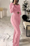 Pink Fashion Casual Solid Patchwork O Neck Long Sleeve Two Pieces